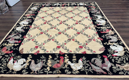Vintage Hooked Rug 7x9, Rosters in Border, Roses and Butterflies