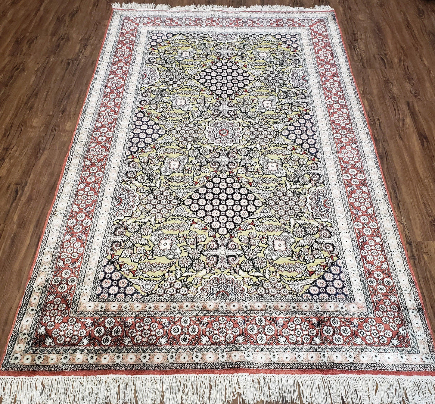 Vintage Silk Rug with Gold Threads, 5x8 Silk Oriental Carpet, Red Black Gold Hand-Knotted Fine Silk Real Gold Wire Threads Kashmiri Silk Rug