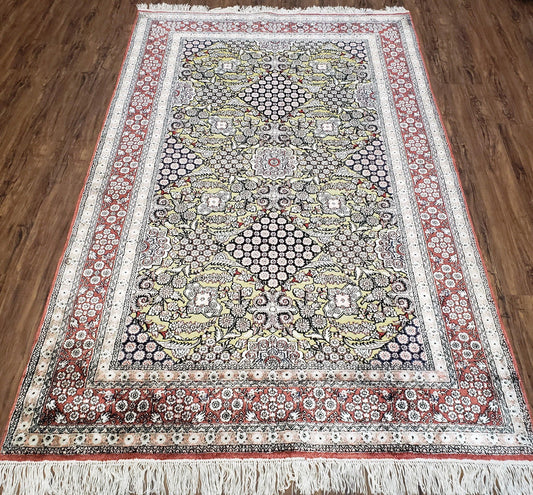 Vintage Silk Rug with Gold Threads, 5x8 Silk Oriental Carpet, Red Black Gold Hand-Knotted Fine Silk Real Gold Wire Threads Kashmiri Silk Rug