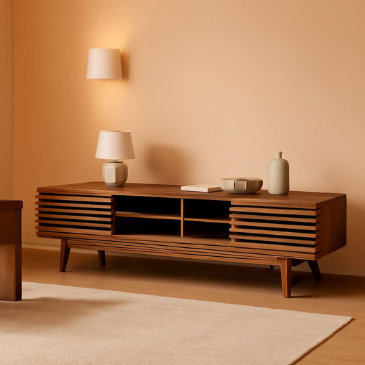 70 Inch Mid Century Modern Walnut TV Stand Console