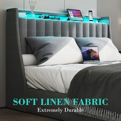 Queen Bed Frame With LED Lights And Storage Drawers