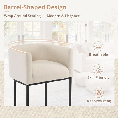 27 Inch Counter Height Bar Stool With Backrest And Armrests, Linen Upholstery, Black Metal Frame