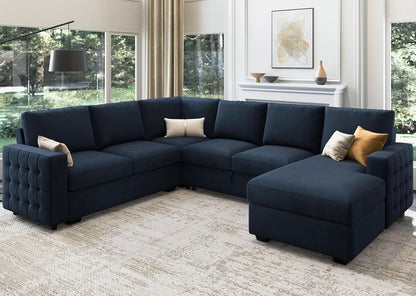 Blue Velvet U Shaped Sleeper Sofa With Pull Out Bed
