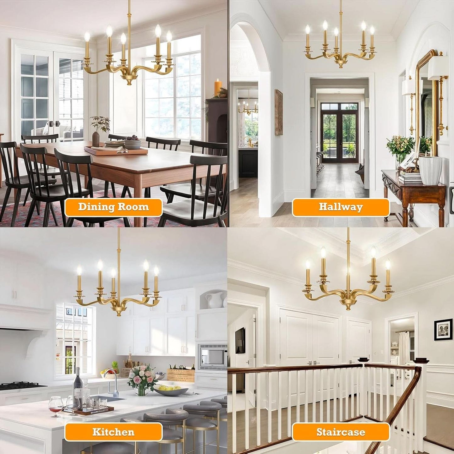 Gold 5 Light Chandelier 25.5 Inch Farmhouse Brass Dining