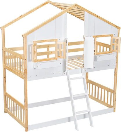 Natural Wood Twin Over Twin House Bunk Bed With Roof