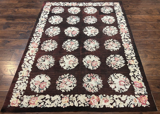 Floral Needlepoint Rug 5x7, Repeated Floral Motifs, Eggplant Color, Handmade Wool Vintage Needlepoint Area Rug 5 x 7 ft, Flatweave Rug