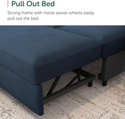 Blue Velvet U Shaped Sleeper Sofa With Pull Out Bed