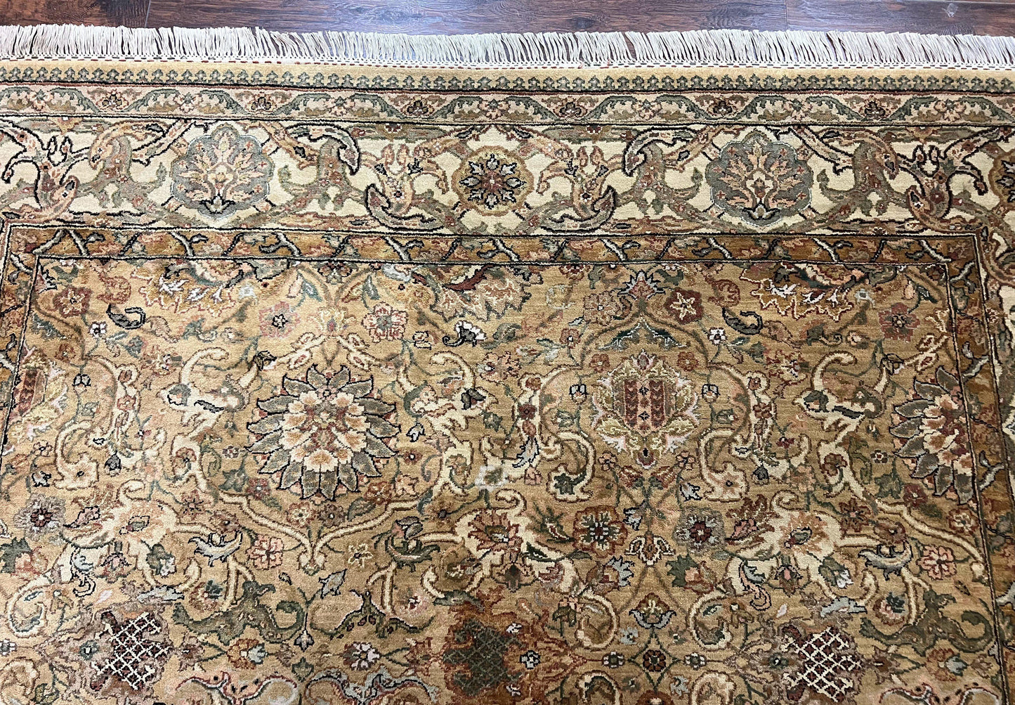 Indo Mahal Rug 8x10, Indian Jaipur Rug 8 x 10 ft, Wool Indo Persian Carpet, Handmade Traditional Floral Area Rug, Olive Green, Vintage Rug