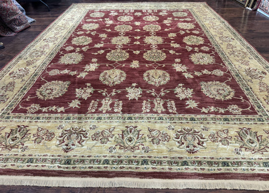 Traditional Wool Oriental Rug 9x13, Large Power Loomed Carpet, Burgundy