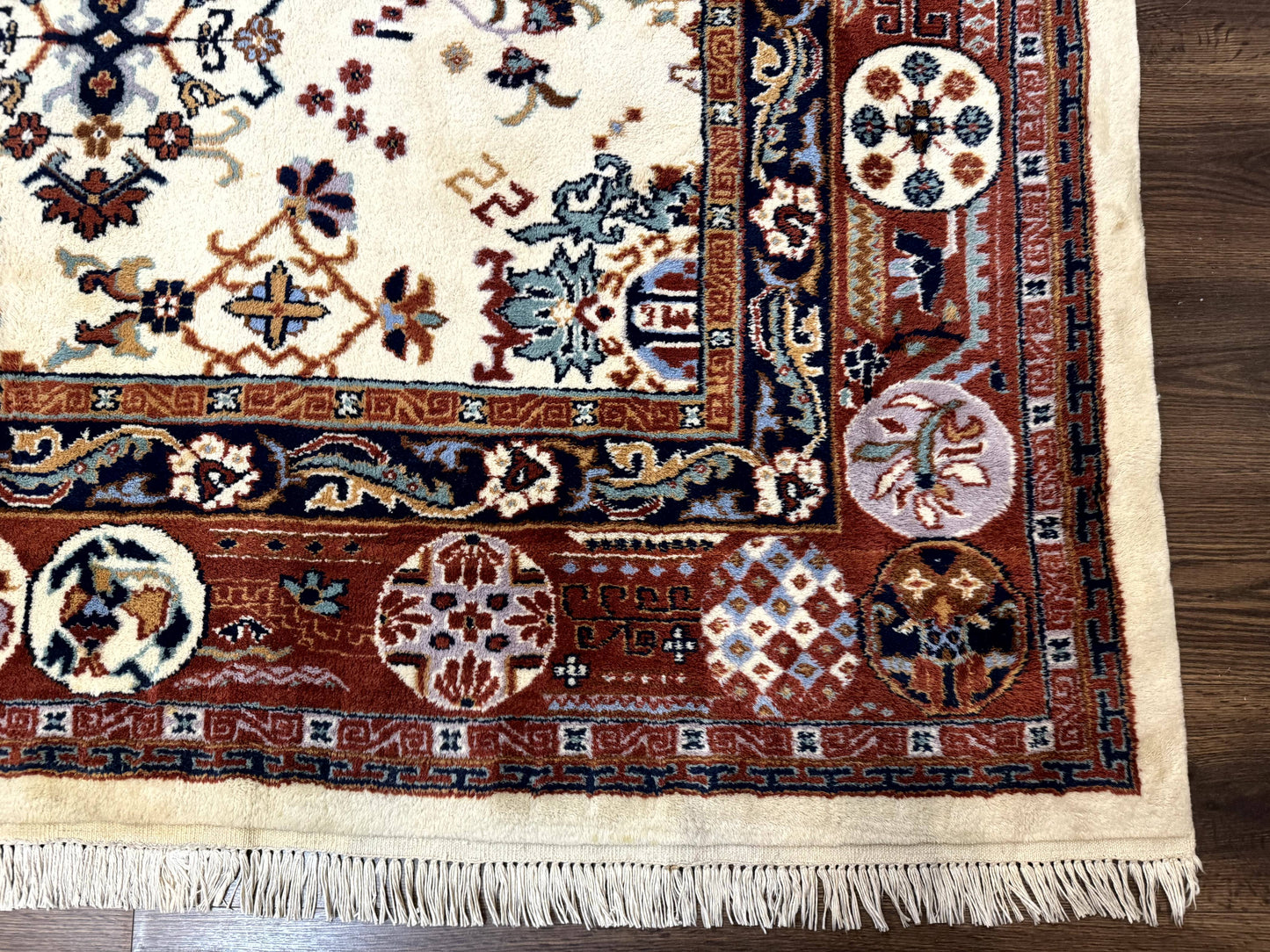 Indo Chinese Wool Rug 9x12, Ivory and Rust Red, Dragon Motifs