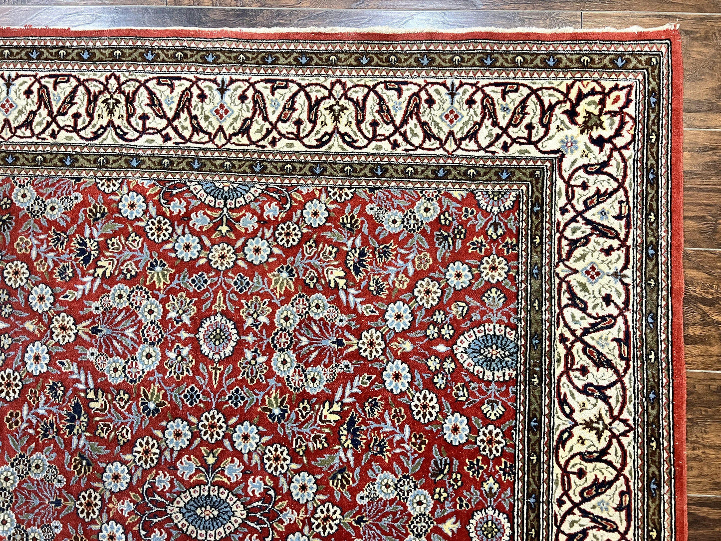 Red Persian Qum Rug 5 x 7.6, Hand Knotted Vintage Wool Fine Carpet 270 KPSI, Floral Allover