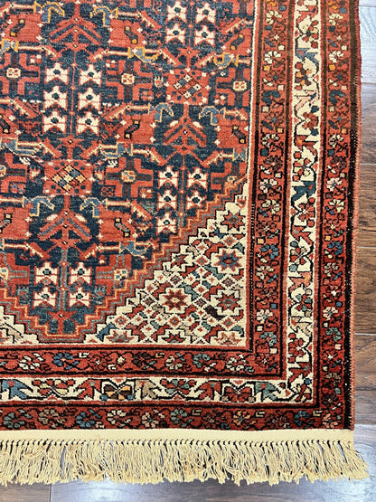 Persian Malayer Rug 4x7, Tribal Rug, Geometric, Antique Oriental Carpet, Red Blue Cream, Boho Rug, Hand Knotted Wool Rug