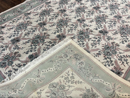 Belgium Power Loomed Rug 8x11, Ivory and Green, Wool Carpet, Floral