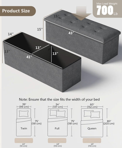 Charcoal Gray Classic Folding Storage Ottoman 43Inch