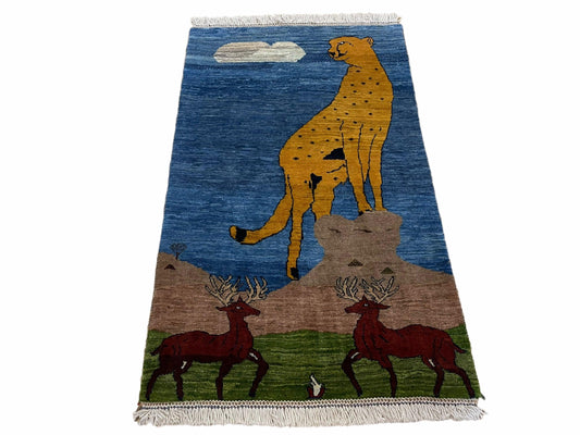 3 x 5 Handmade New Vintage Wool Blue Rug Leopard Lion Jaguar Deer Organic Dyes