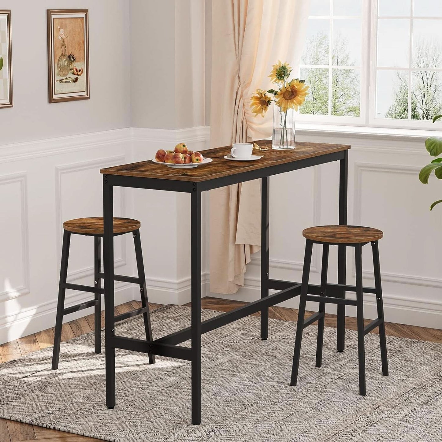 Round Bar Stools Set of 2 With Footrest 24.4 Inch Industrial Rustic Brown