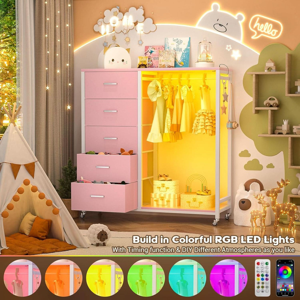 Pink Dresser With Clothes Rack 5 Drawers Charging Station