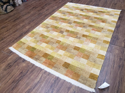 4x6 Tibetan Rug, Modern Abstract Handmade Area Rug, Checkerboard Pattern, Neutral Ivory Gold Tan Colors, Soft Pile, Mid Sized Rug, Nepali