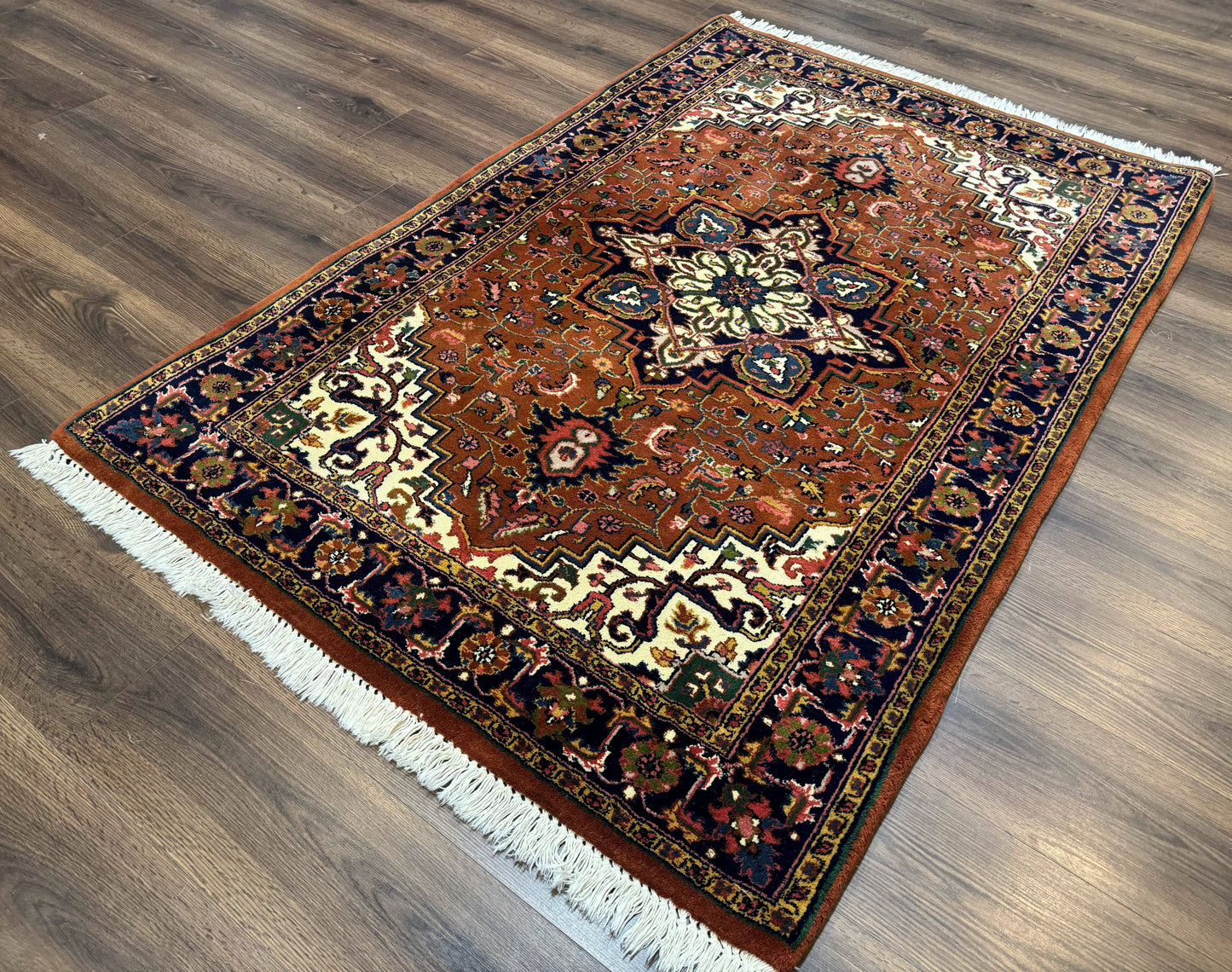 Indo Persian Heriz Rug 4x6, Rust Red Navy Blue and Cream