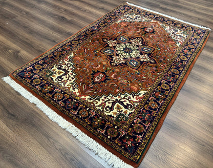 Indo Persian Heriz Rug 4x6, Rust Red Navy Blue and Cream