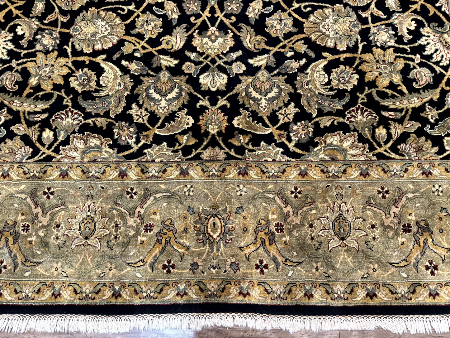 Indo Persian Rug 8x10, Black and Green, Wool, Handmade, Traditional, Floral Allover, Vintage