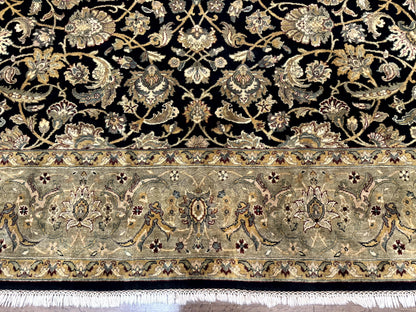Indo Persian Rug 8x10, Black and Green, Wool, Handmade, Traditional, Floral Allover, Vintage