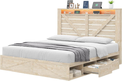 Queen Size Farmhouse Storage Bed With LED Lighting