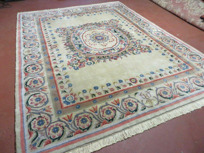 8' X 10' Vintage Handmade Wool Rug Aubusson Savonnerie Design European Nice
