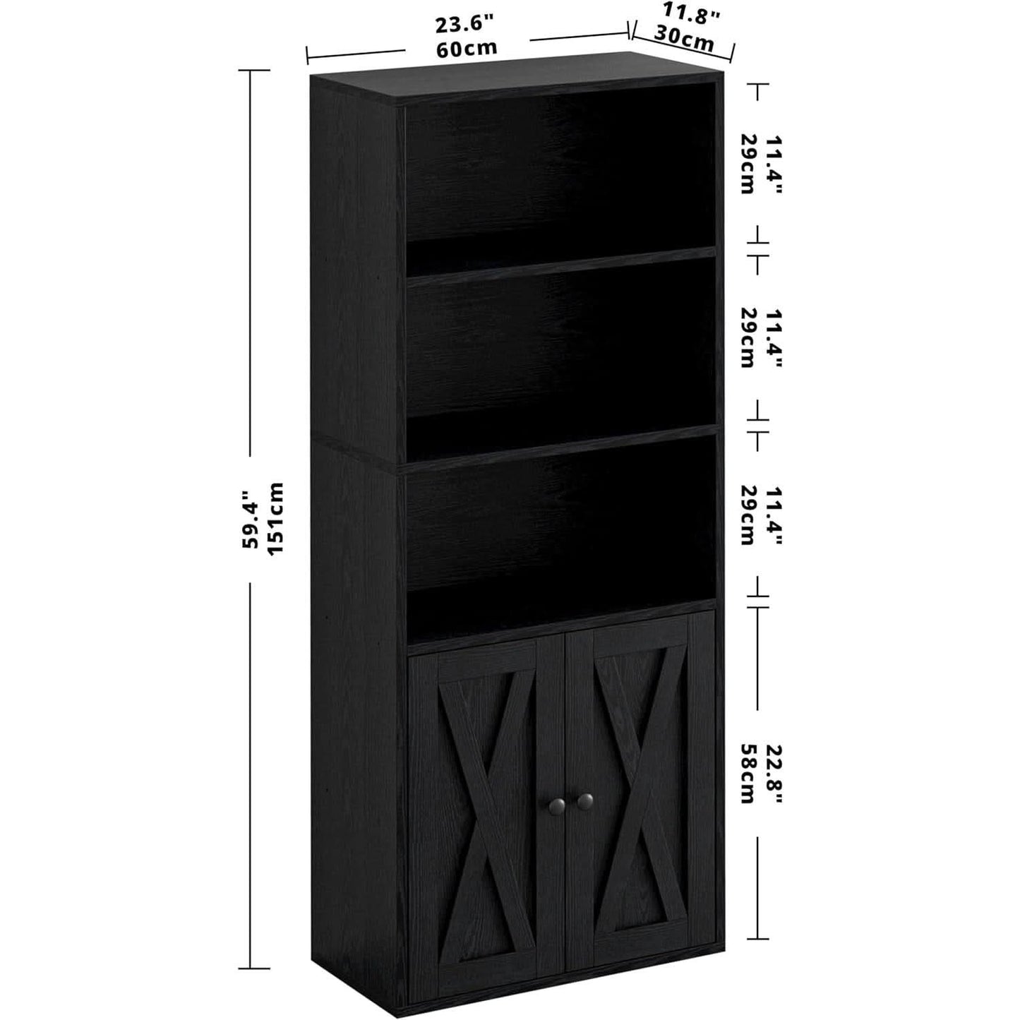 Industrial Bookshelf With Doors 11.8 Inch Depth 5 Shelves