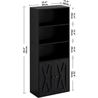 Industrial Bookshelf With Doors 11.8 Inch Depth 5 Shelves