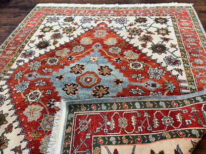 Indo Persian Heriz Rug 7x9, Geometric Pattern, Cream & Light Red, Handmade Vintage Wool Carpet