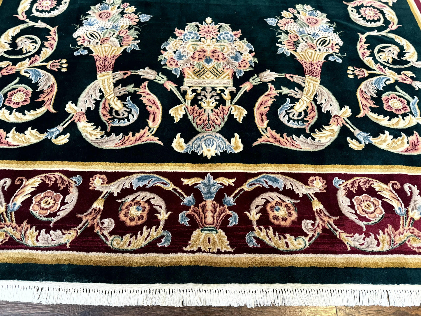 Aubusson Rug 9x12, Dark Green, European Design, Vintage Fine Handmade Carpet, Elegant