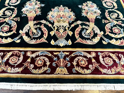 Aubusson Rug 9x12, Dark Green, European Design, Vintage Fine Handmade Carpet, Elegant
