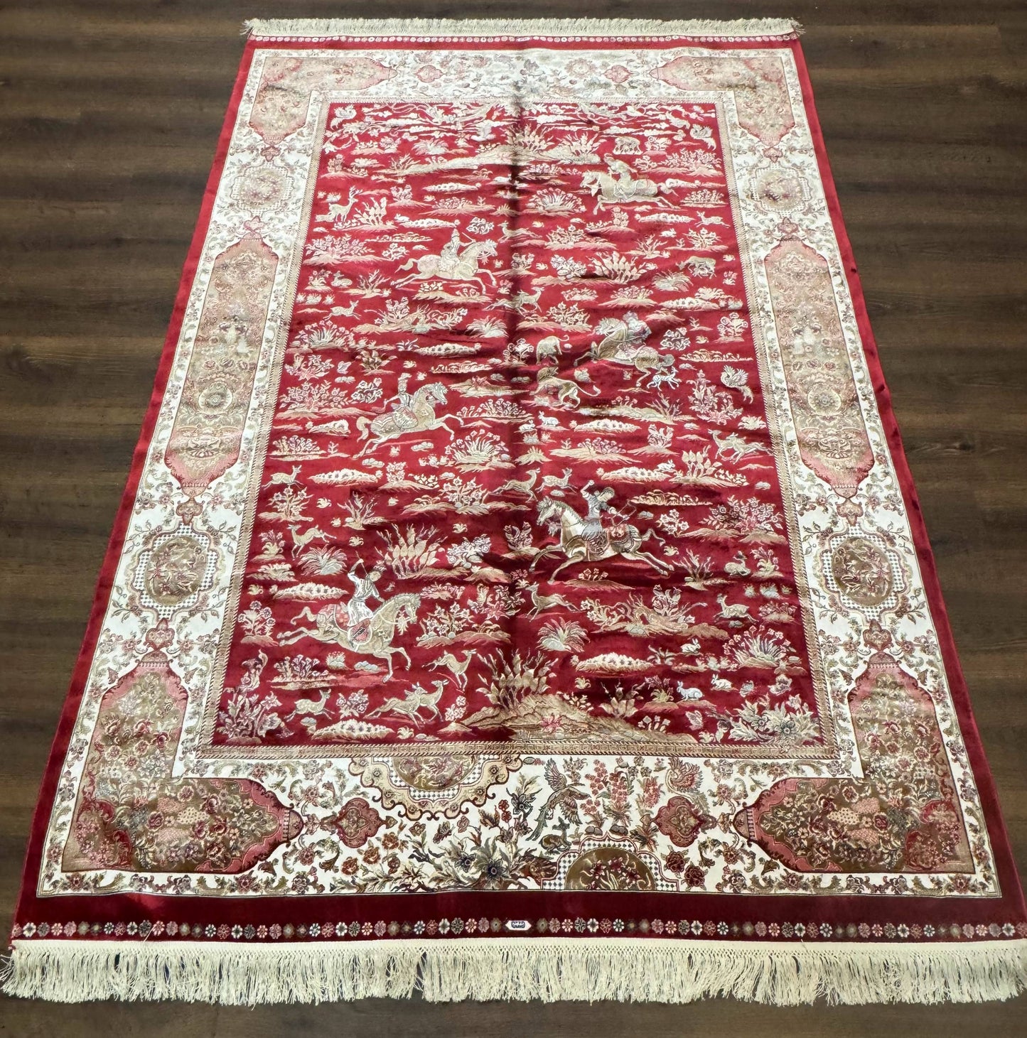 Turkish Silk Hunting Scene Rug 5 x 7.6, Red & Ivory, Bamboo Silk, New