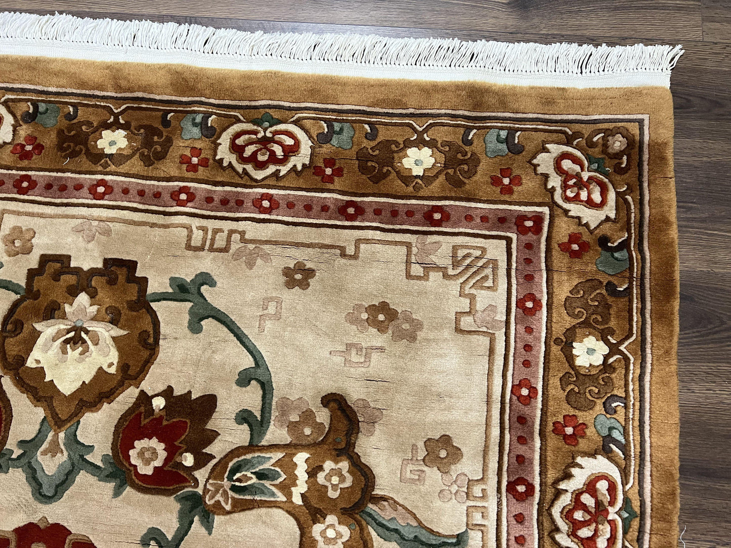 Chinese Wool Rug 5.9 x 9, Tan and Brown Asian Art Deco Carpet, Vintage 1960s Oriental Rug, Hand-Knotted Rug, Soft Wool, Medallion, Pair B