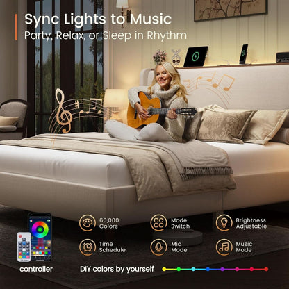 Queen Size Upholstered Bed Frame With LED Lights And USB