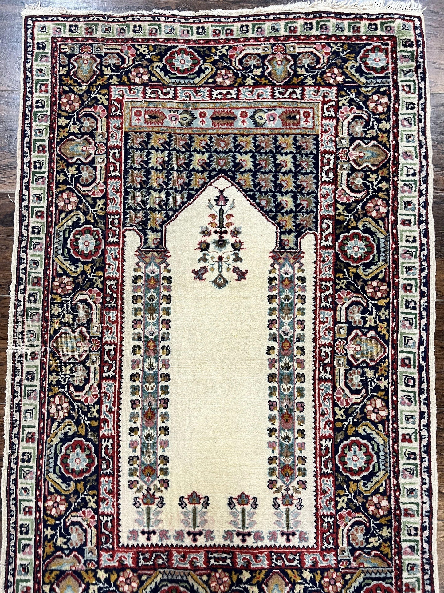 Turkish Prayer Rug 2.5 x 4, Vintage Wool Hand Knotted Carpet, Ivory