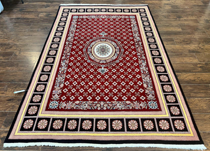 Pakistani Rug 6x9, European Aubusson Design, Wool Handmade Vintage Carpet, Dark Red, 6 x 9 Medium Sized Rug