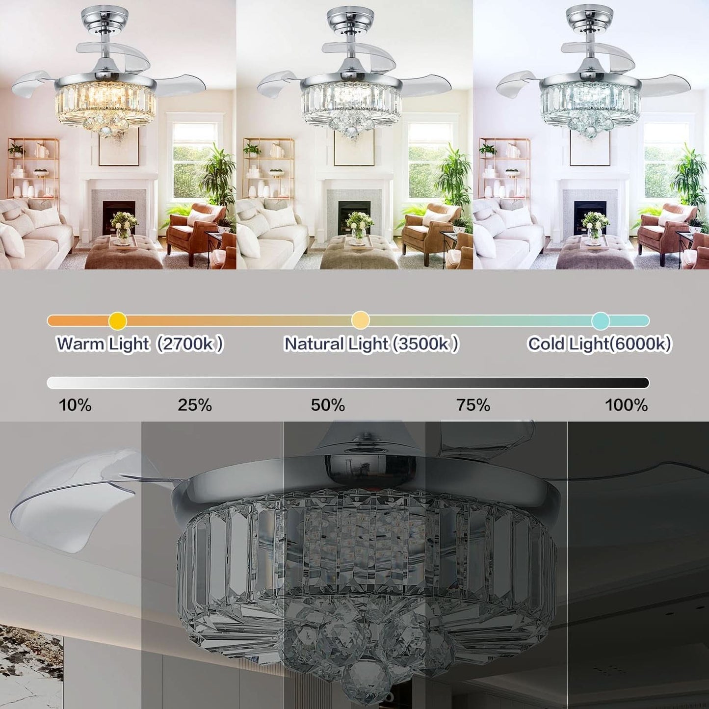 30 Inch Crystal Chandelier Ceiling Fan With Retractable Blades