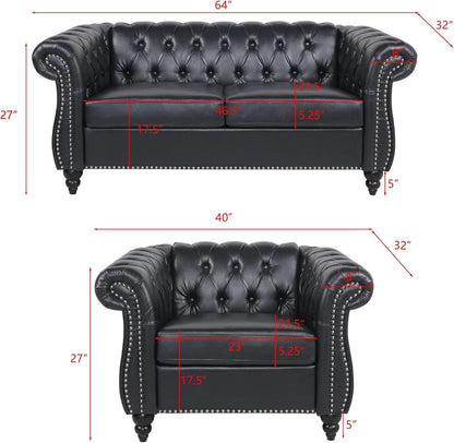 2 Piece Living Room Sofa Set Black Faux Leather Club Chair And Chesterfield Loveseat