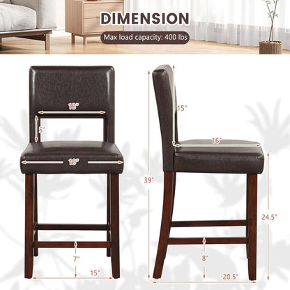 Counter Height Bar Stools Set Of Two, Twenty Four Point Five Inch, Brown Upholstered PVC Leather
