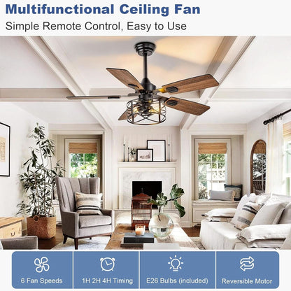 42 Inch Farmhouse Cage Ceiling Fan With Remote E26 Bulbs