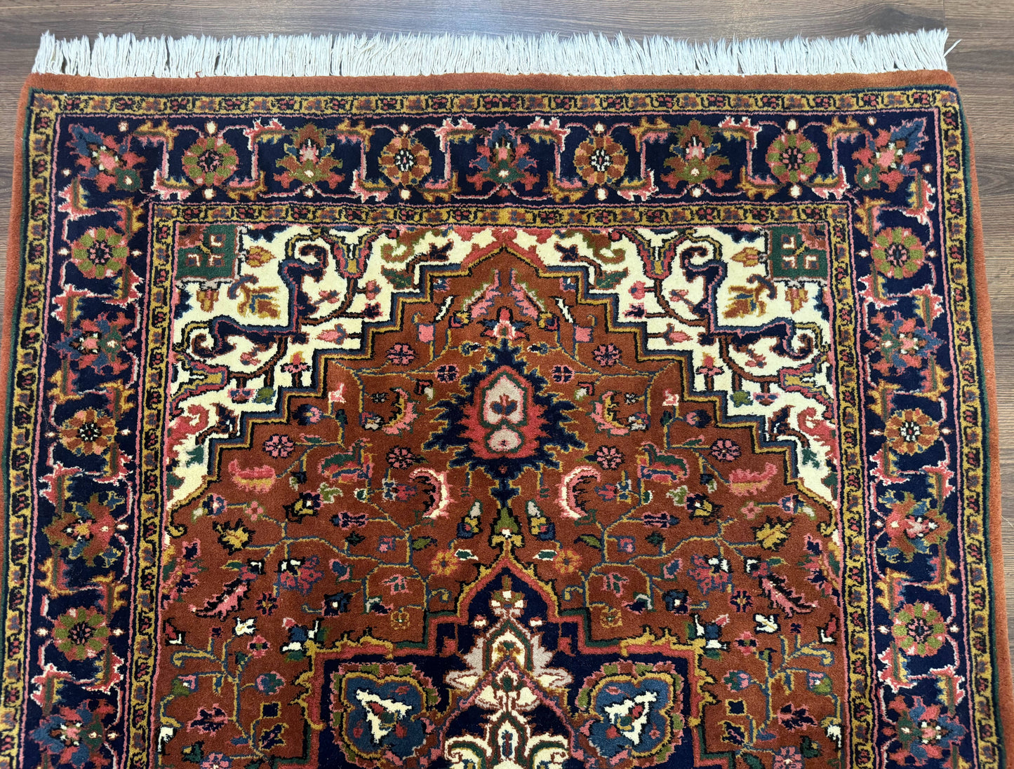 Indo Persian Heriz Rug 4x6, Rust Red Navy Blue and Cream