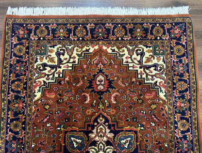 Indo Persian Heriz Rug 4x6, Rust Red Navy Blue and Cream