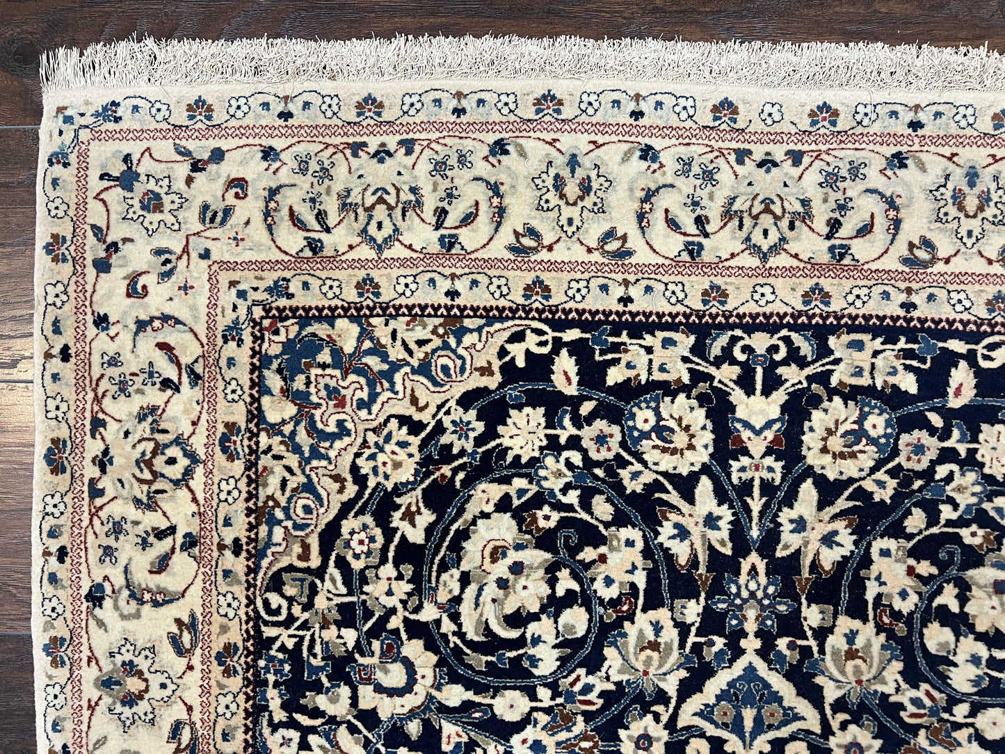 Very Fine Persian Nain Rug 3.7 x 6, Floral Medallion, Wool and Silk Accents, Highly Detailed, Hand Knotted Oriental Carpet, Navy Blue Ivory/Cream