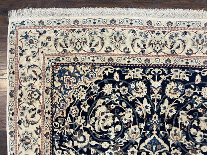 Very Fine Persian Nain Rug 3.7 x 6, Floral Medallion, Wool and Silk Accents, Highly Detailed, Hand Knotted Oriental Carpet, Navy Blue Ivory/Cream