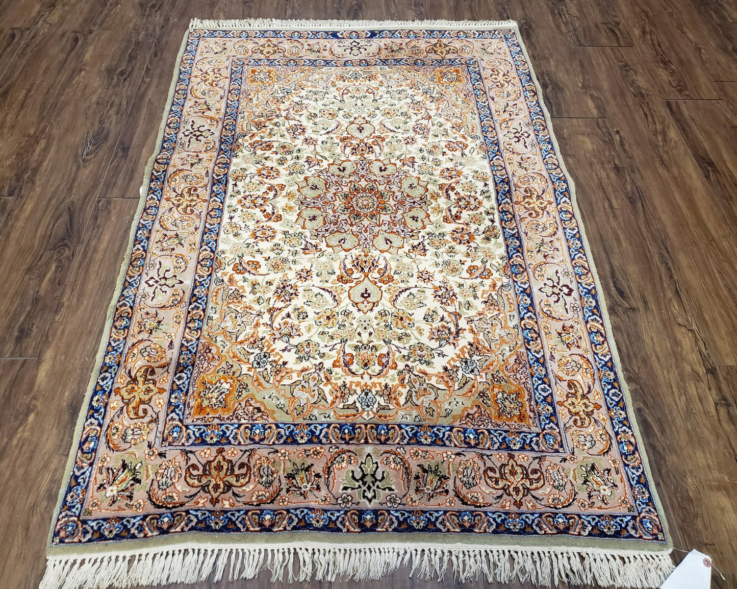 Vintage Persian Isfahan Lachak Toranj Rug, Highly Detailed, Kork Wool on Silk Foundation, Beige and Dark Blue, Hand-Knotted, 3'6" x 5' 4"