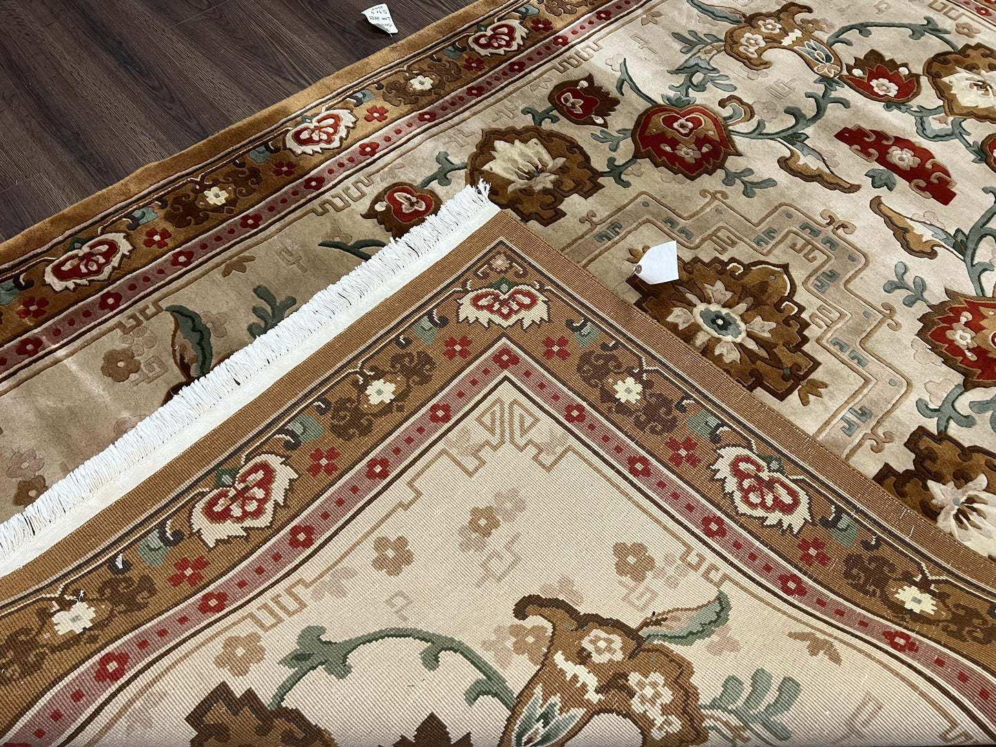 Chinese Wool Rug 5.9 x 9, Tan and Brown Asian Art Deco Carpet, Vintage 1960s Oriental Rug, Hand-Knotted Rug, Soft Wool, Medallion, Pair B