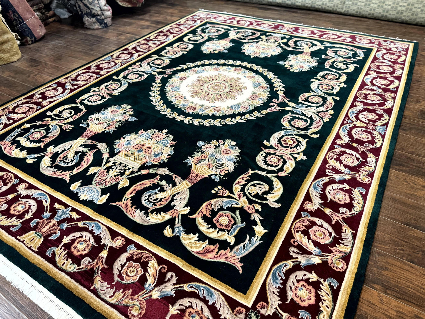 Aubusson Rug 9x12, Dark Green, European Design, Vintage Fine Handmade Carpet, Elegant