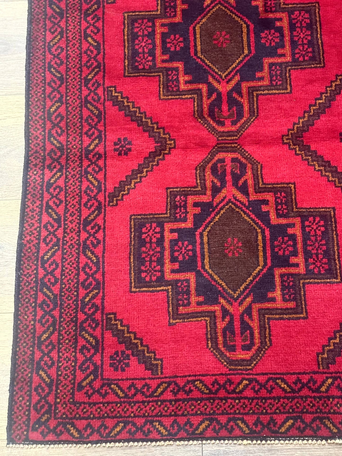 Afghan Rug 4x7, Tribal Carpet, Balouch Rug, Red and Navy Blue, Repeated Medallions, New